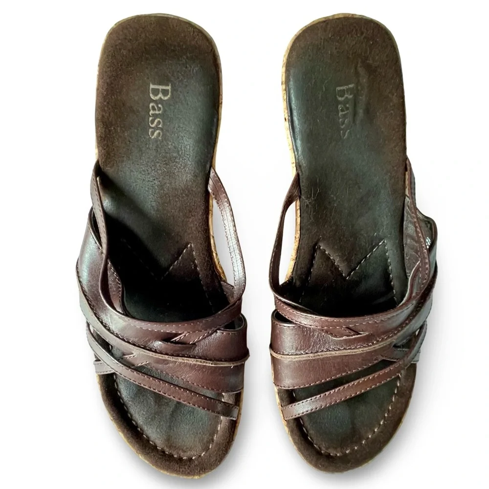 Bass Chianti Strappy Brown Leather Cork Slip-on Wedge Sandals Sz8 - Picture 3 of 9